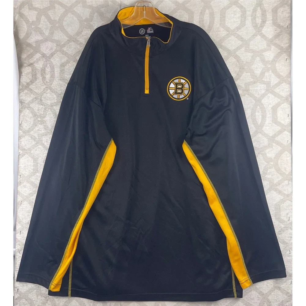Majestic Boston Bruins NHL Quarter Zip Pullover Black Yellow Mens 2XLT Tall